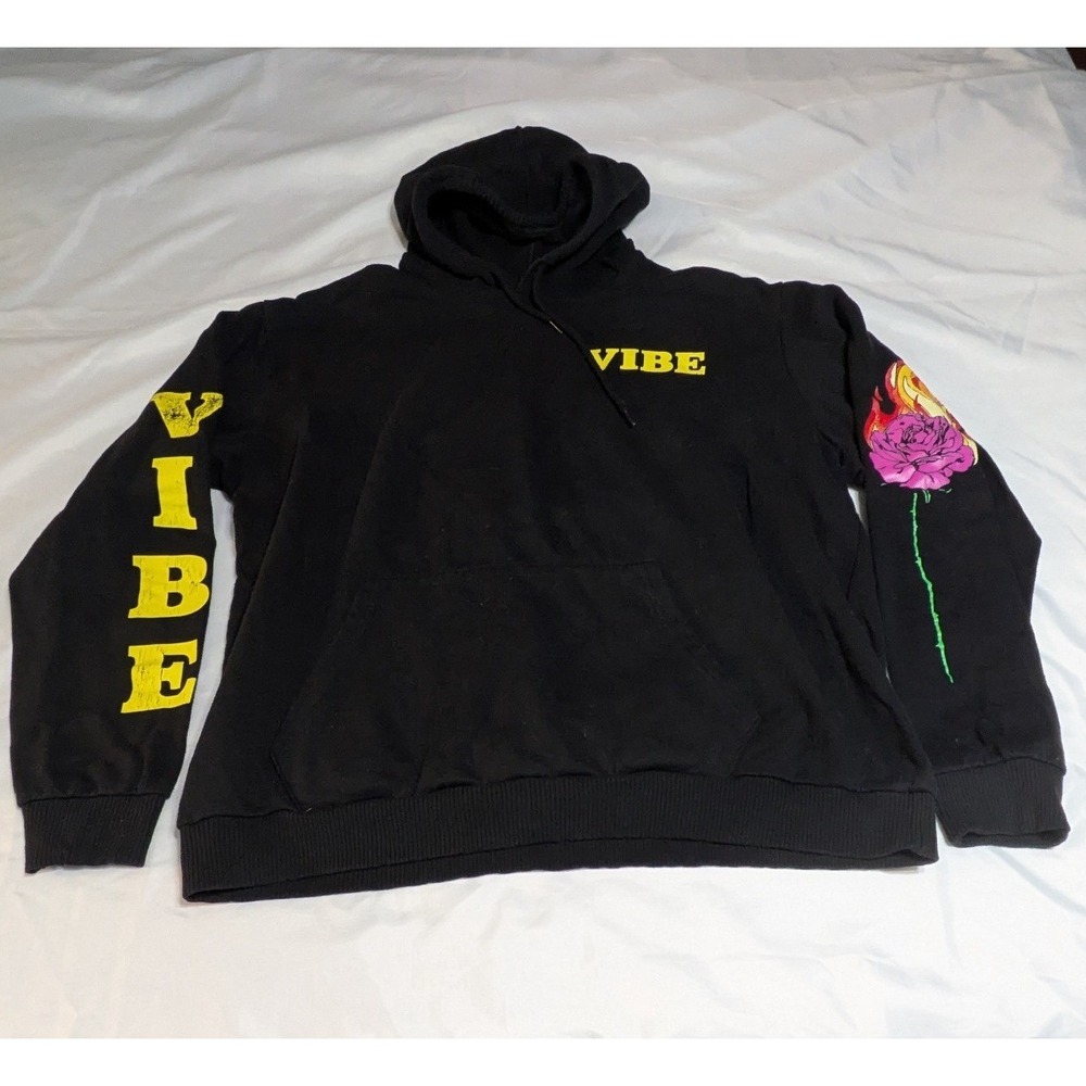 Fresh Laundry Hoodie Mens XL Black Good Vibe Flaming Rose Graphic Streetwear